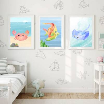 Besay Aqua:Sevimli Deniz Canlıları Çocuk Odası Posteri–Dekoratif 3lü Set A4 Çerçevesiz - 4