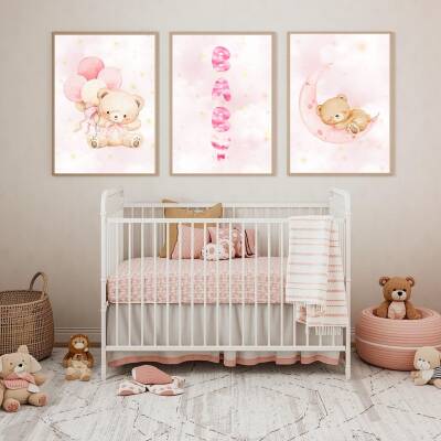 "Besay Ayıcık Masalı | ""Baby"" Temalı Çocuk Odası Dekorasyonu | Yeni Doğan Kız Bebek Hediyesi Sulu Boya Poster | 3'Lü Set A3 Ç - 4