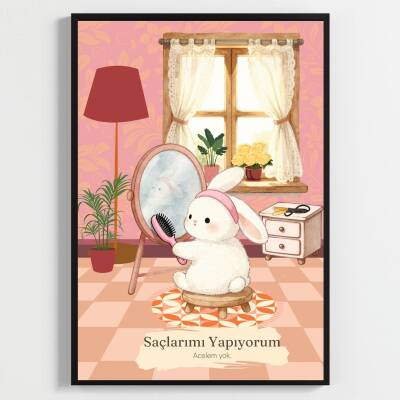 Besay Bantlı Tavşan | Eğlenceli Banyo ve Makyaj Odası Duvar Dekorasyonu | Aynada Saç Tarayan Komik Hayvan Poster Tablo | A4 Tek