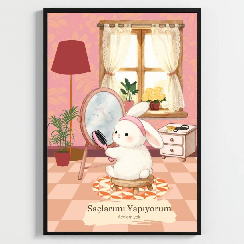 Besay Bantlı Tavşan | Eğlenceli Banyo ve Makyaj Odası Duvar Dekorasyonu | Aynada Saç Tarayan Komik Hayvan Poster Tablo | A4 Tek - 1