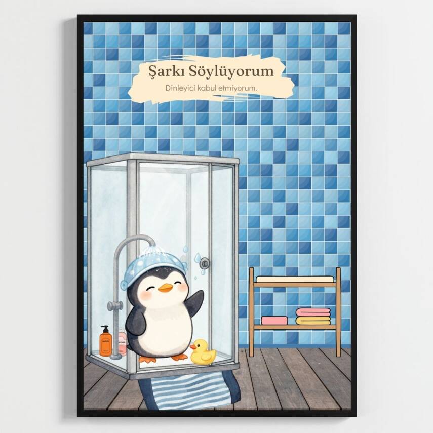Besay Boneli Penguen Poster Komik Banyo ve Tuvalet Dekoru A4 Çerçevesiz - 1