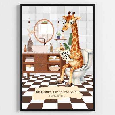 Besay Bulmacacı Zürafa | Eğlenceli Banyo ve Tuvalet Duvar Dekorasyonu | Gözlüklü ve Kalemli Komik Hayvan Poster Tablo | A3 Tekl