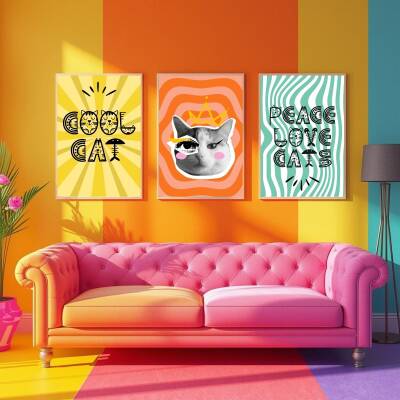 Besay Cool Cat | Renkli Genç Odası Duvar Dekorasyonu | Eğlenceli Kedi Ve Peace Temalı Estetik Tablo | 3'Lü Set A2 Çerçevesiz - 4