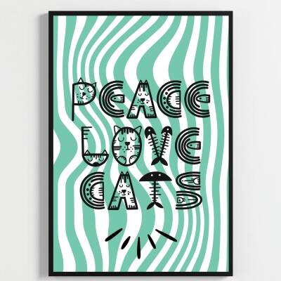 Besay Cool Cat | Renkli Genç Odası Duvar Dekorasyonu | Eğlenceli Kedi Ve Peace Temalı Estetik Tablo | 3'Lü Set A4 Çerçevesiz - 3