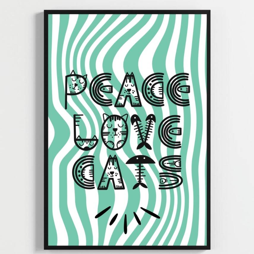 Besay Cool Cat | Renkli Genç Odası Duvar Dekorasyonu | Eğlenceli Kedi Ve Peace Temalı Estetik Tablo | 3'Lü Set A4 Çerçevesiz - 3