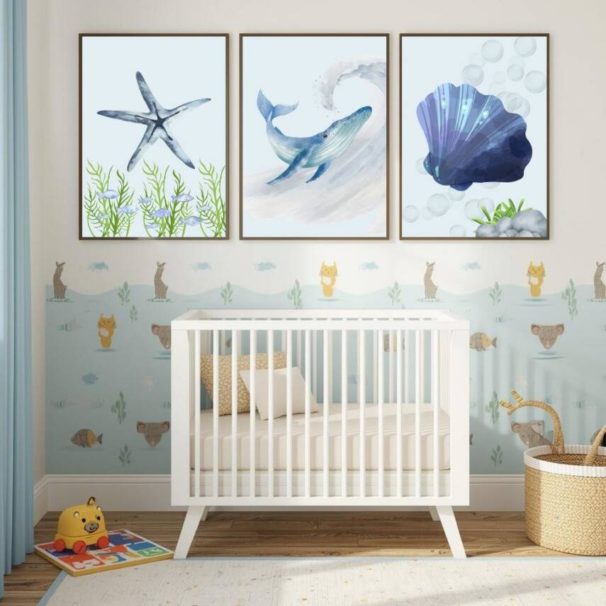 Besay Deep Blue:Suluboya Okyanus Esintisi Çocuk Odası Posteri–Dekoratif 3lü Set A3 Çerçevesiz - 4