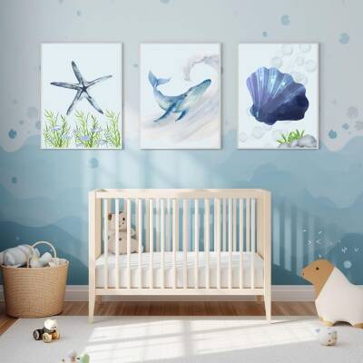 Besay Deep Blue:Suluboya Okyanus Esintisi Çocuk Odası Posteri–Dekoratif 3lü Set A4 Çerçevesiz - 5