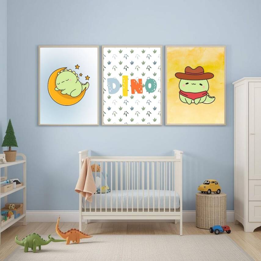 Besay Dino Patileri:Sevimli Kovboy ve Ay Dedeli Dinozor Çocuk Odası Posteri–Dekoratif 3lü Set A2 Çerçevesiz - 4