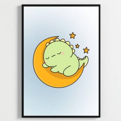 Besay Dino Patileri:Sevimli Kovboy ve Ay Dedeli Dinozor Çocuk Odası Posteri–Dekoratif 3lü Set A3 Çerçevesiz