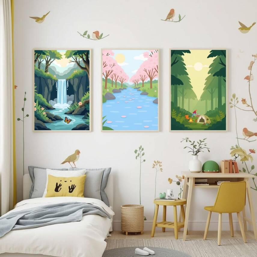 Besay Doğa Kaşifi | Çocuk Odası Manzara Tablosu | Kamp Ve Şelale Temalı Bebek Odası Posteri | 3'Lü Set A3 Çerçevesiz - 1