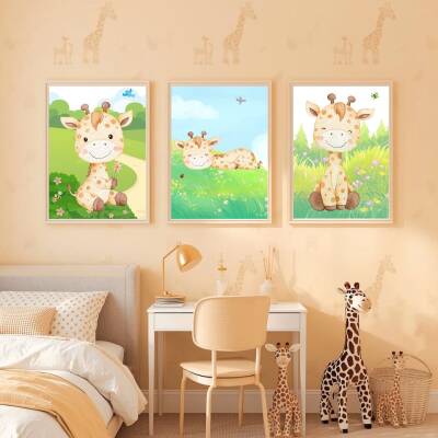 Besay Düşsel Bahçe:Sevimli Zürafa Serisi Çocuk Odası Posteri–Dekoratif 3lü Set A4 Çerçevesiz - 4