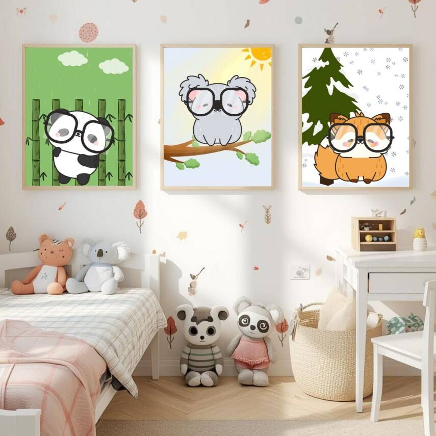 Besay Gözlüklü Dostlar:Panda, Koala ve Tilki Çocuk Odası Posteri–Dekoratif 3lü Set A3 Çerçevesiz - 4