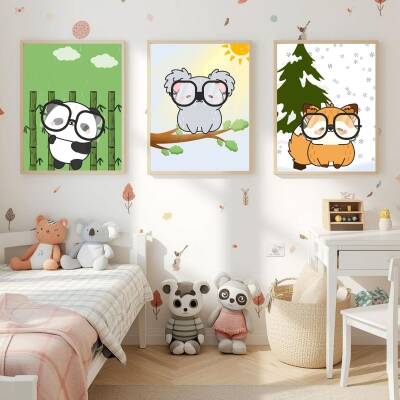 Besay Gözlüklü Dostlar:Panda, Koala ve Tilki Çocuk Odası Posteri–Dekoratif 3lü Set A4 Çerçevesiz - 4