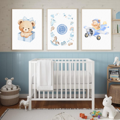 "Besay Hoş Geldin Bebek | ""It'S A Boy"" Temalı Çocuk Odası Dekorasyonu | Yeni Doğan Hediyesi Sulu Boya Poster | 3'Lü Set A3 Çe - 4