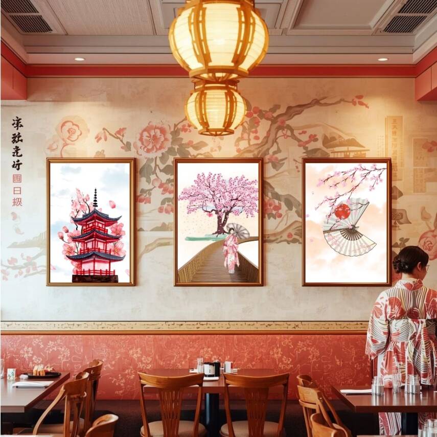 Besay Japon Esintisi | Kafe, Salon Ve Restoran Duvar Dekorasyonu | Geleneksel Sakura Ve Asya Temalı Poster | 3'Lü Set A4 Çerçev - 4
