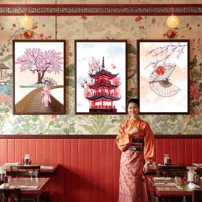 Besay Japon Esintisi | Kafe, Salon Ve Restoran Duvar Dekorasyonu | Geleneksel Sakura Ve Asya Temalı Poster | 3'Lü Set A4 Çerçev - 5