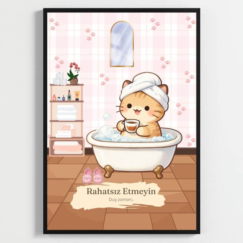Besay Kahveli Kedi | Sevimli Kedili Tuvalet Duvar Sanatı | Havlulu ve Kahveli Komik Hayvan Poster Tablo | A3 Tekli Çerçevesiz - 1