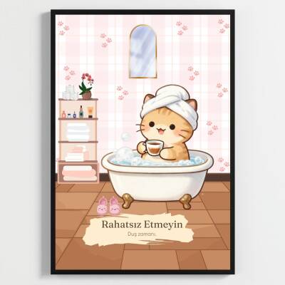 Besay Kahveli Kedi | Sevimli Kedili Tuvalet Duvar Sanatı | Havlulu ve Kahveli Komik Hayvan Poster Tablo | A4 Tekli Çerçevesiz
