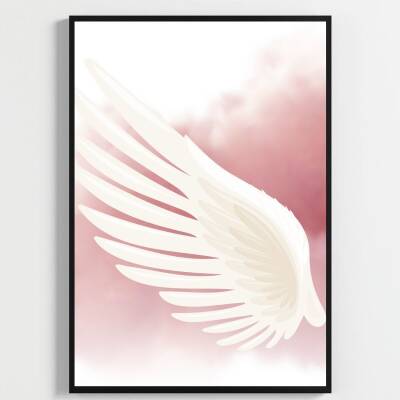 Besay Kanatlanmış | Modern Yatak Odası Duvar Dekorasyonu | Pembe Bulutlu Melek Kanadı Posteri | 3'Lü Set A2 Çerçevesiz