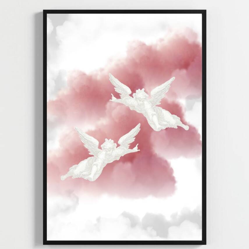 Besay Kanatlanmış | Modern Yatak Odası Duvar Dekorasyonu | Pembe Bulutlu Melek Kanadı Posteri | 3'Lü Set A4 Çerçevesiz - 2
