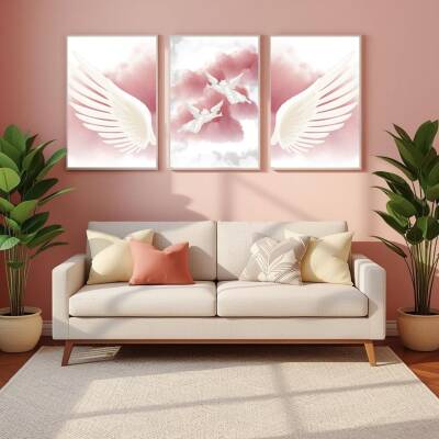 Besay Kanatlanmış | Modern Yatak Odası Duvar Dekorasyonu | Pembe Bulutlu Melek Kanadı Posteri | 3'Lü Set A4 Çerçevesiz - 4