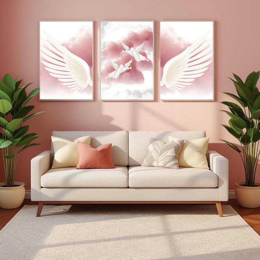 Besay Kanatlanmış | Modern Yatak Odası Duvar Dekorasyonu | Pembe Bulutlu Melek Kanadı Posteri | 3'Lü Set A4 Çerçevesiz - 4