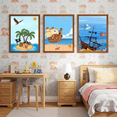Besay Korsan Macerası | Erkek Çocuk Odası Duvar Dekorasyonu | Mavi Okyanus Ve Korsan Gemisi Posteri | 3'Lü Set A4 Çerçevesiz - 4