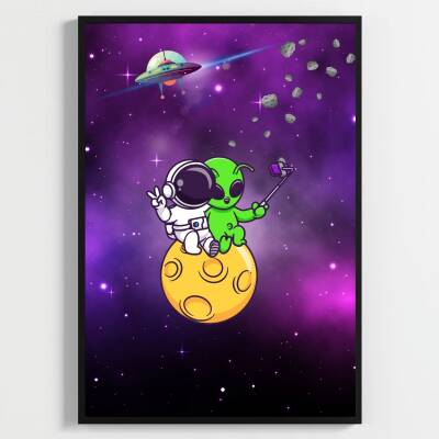 Besay Kozmik Dostluk | Modern Çocuk Odası Duvar Dekorasyonu | Ufo Ve Gezegen İllüstrasyonlu Komik Tablo Seti | 3'Lü Set A2 Çerç