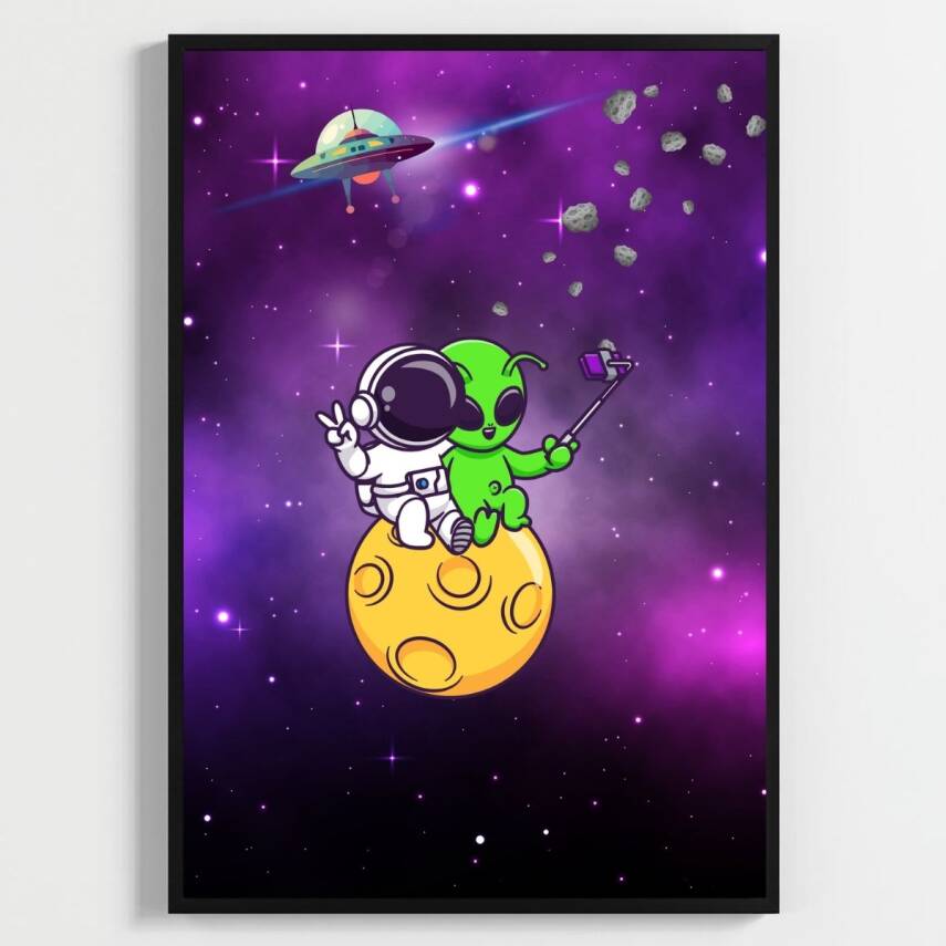 Besay Kozmik Dostluk | Modern Çocuk Odası Duvar Dekorasyonu | Ufo Ve Gezegen İllüstrasyonlu Komik Tablo Seti | 3'Lü Set A2 Çerç - 1