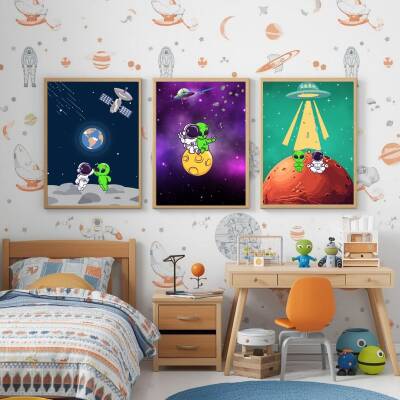 Besay Kozmik Dostluk | Modern Çocuk Odası Duvar Dekorasyonu | Ufo Ve Gezegen İllüstrasyonlu Komik Tablo Seti | 3'Lü Set A2 Çerç - 5