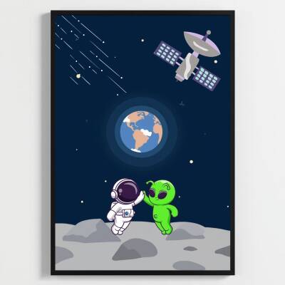 Besay Kozmik Dostluk | Modern Çocuk Odası Duvar Dekorasyonu | Ufo Ve Gezegen İllüstrasyonlu Komik Tablo Seti | 3'Lü Set A3 Çerç - 2