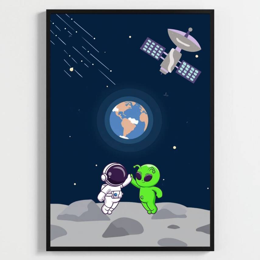 Besay Kozmik Dostluk | Modern Çocuk Odası Duvar Dekorasyonu | Ufo Ve Gezegen İllüstrasyonlu Komik Tablo Seti | 3'Lü Set A3 Çerç - 2