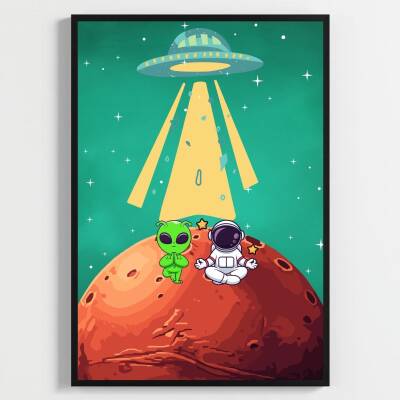 Besay Kozmik Dostluk | Modern Çocuk Odası Duvar Dekorasyonu | Ufo Ve Gezegen İllüstrasyonlu Komik Tablo Seti | 3'Lü Set A3 Çerç - 3