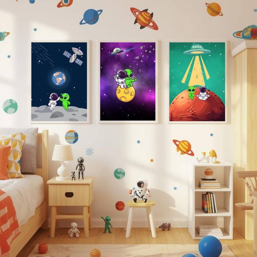 Besay Kozmik Dostluk | Modern Çocuk Odası Duvar Dekorasyonu | Ufo Ve Gezegen İllüstrasyonlu Komik Tablo Seti | 3'Lü Set A3 Çerç - 4