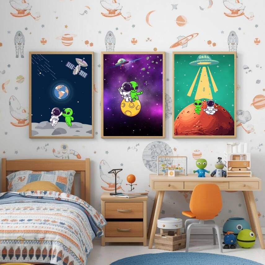 Besay Kozmik Dostluk | Modern Çocuk Odası Duvar Dekorasyonu | Ufo Ve Gezegen İllüstrasyonlu Komik Tablo Seti | 3'Lü Set A3 Çerç - 5
