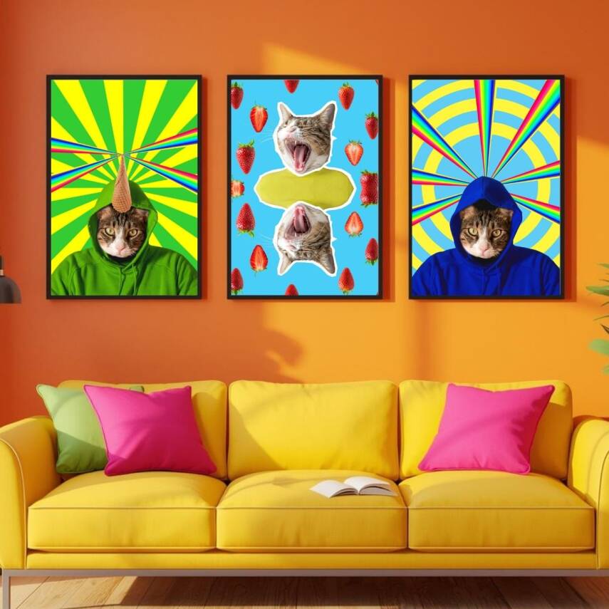 Besay Kozmik Kediler | Renkli Ev Duvar Dekorasyonu | Gökkuşağı Lazerli Ve Dondurmalı Komik Kedi Posteri | 3'Lü Set A2 Çerçevesi - 4
