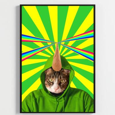 Besay Kozmik Kediler | Renkli Ev Duvar Dekorasyonu | Gökkuşağı Lazerli Ve Dondurmalı Komik Kedi Posteri | 3'Lü Set A3 Çerçevesi