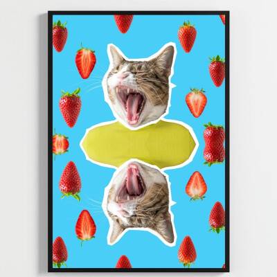 Besay Kozmik Kediler | Renkli Ev Duvar Dekorasyonu | Gökkuşağı Lazerli Ve Dondurmalı Komik Kedi Posteri | 3'Lü Set A4 Çerçevesi - 2