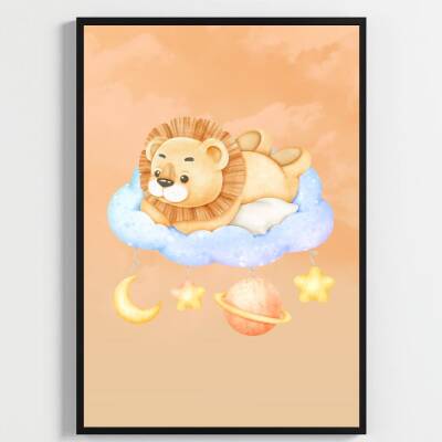 Besay Küçük Kralın Rüyası | Yavru Aslanlı Suluboya Gezegen Ve Bulut Temalı Bebek Odası Posteri | 3'Lü Çocuk Odası Poster Seti A - 2