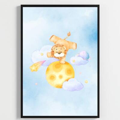 Besay Küçük Kralın Rüyası | Yavru Aslanlı Suluboya Gezegen Ve Bulut Temalı Bebek Odası Posteri | 3'Lü Çocuk Odası Poster Seti A - 3
