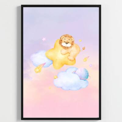 Besay Küçük Kralın Rüyası | Yavru Aslanlı Suluboya Gezegen Ve Bulut Temalı Bebek Odası Posteri | 3'Lü Çocuk Odası Poster Seti A