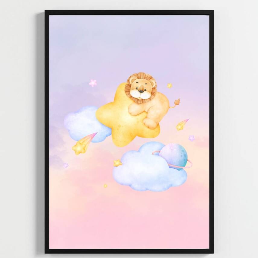 Besay Küçük Kralın Rüyası | Yavru Aslanlı Suluboya Gezegen Ve Bulut Temalı Bebek Odası Posteri | 3'Lü Çocuk Odası Poster Seti A - 1
