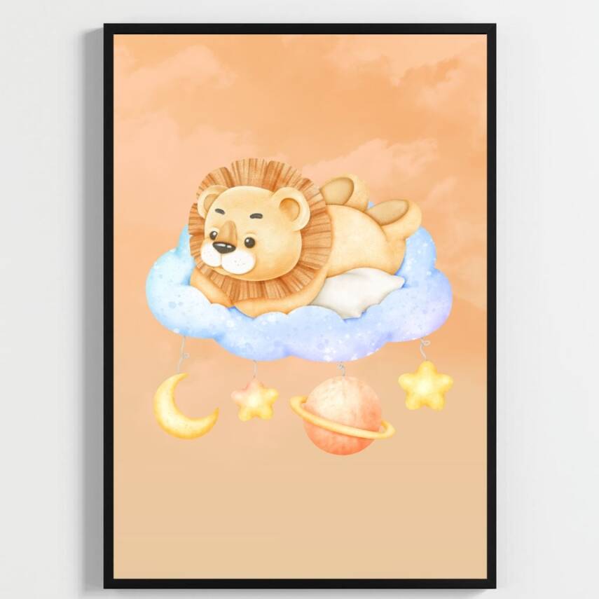 Besay Küçük Kralın Rüyası | Yavru Aslanlı Suluboya Gezegen Ve Bulut Temalı Bebek Odası Posteri | 3'Lü Çocuk Odası Poster Seti A - 2