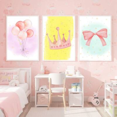 Besay Küçük Prenses | Kız Bebek Odası Duvar Dekorasyonu | Pembe Taç Ve Fiyonk Temalı Çocuk Posteri | 3'Lü Set A2 Çerçevesiz - 4
