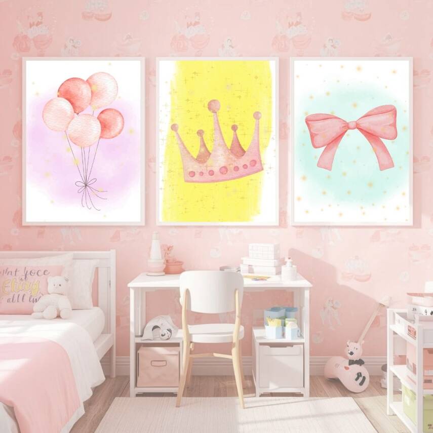 Besay Küçük Prenses | Kız Bebek Odası Duvar Dekorasyonu | Pembe Taç Ve Fiyonk Temalı Çocuk Posteri | 3'Lü Set A3 Çerçevesiz - 4