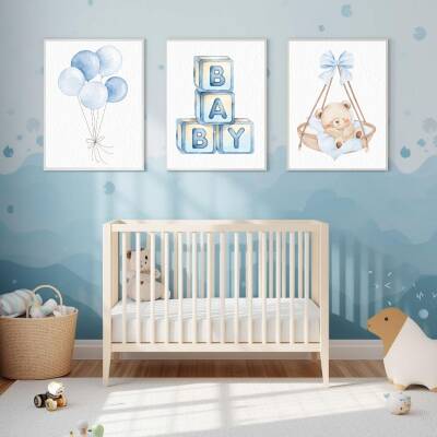 "Besay Mavi Düşler | ""Baby"" Küp Temalı Çocuk Odası Dekorasyonu | Yeni Doğan Erkek Bebek Hediyesi Poster | 3'Lü Set A3 Çerçeve - 4