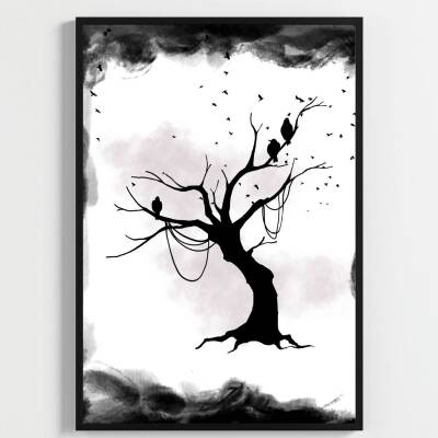 Besay Modern Kuzgun Ve Kuş Temalı Poster Seti | Gotik Gizemli Duvar Dekorasyonu | Siyah Beyaz Karga Ve Dal Tasarımlı Poster | 3 - 3