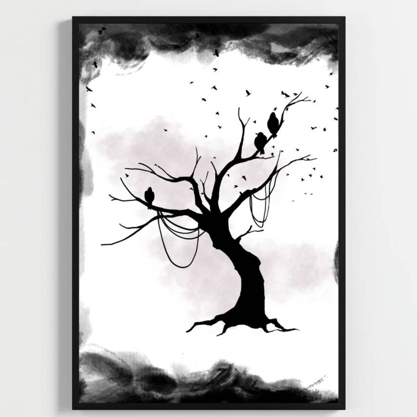 Besay Modern Kuzgun Ve Kuş Temalı Poster Seti | Gotik Gizemli Duvar Dekorasyonu | Siyah Beyaz Karga Ve Dal Tasarımlı Poster | 3 - 3