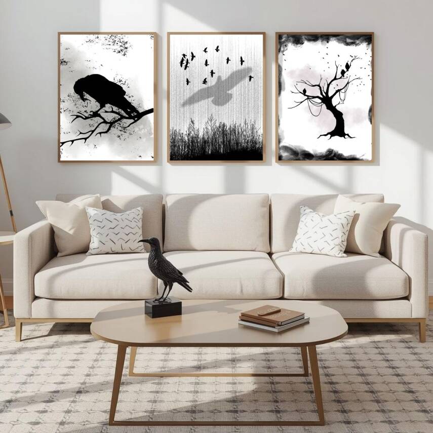 Besay Modern Kuzgun Ve Kuş Temalı Poster Seti | Gotik Gizemli Duvar Dekorasyonu | Siyah Beyaz Karga Ve Dal Tasarımlı Poster | 3 - 4