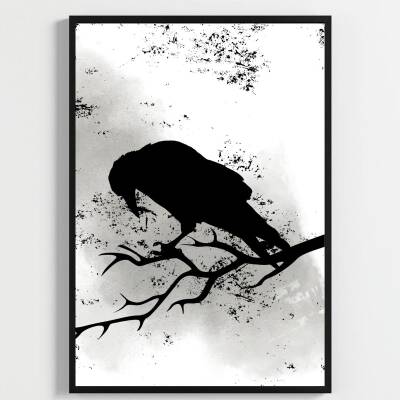 Besay Modern Kuzgun Ve Kuş Temalı Poster Seti | Gotik Gizemli Duvar Dekorasyonu | Siyah Beyaz Karga Ve Dal Tasarımlı Poster | 3
